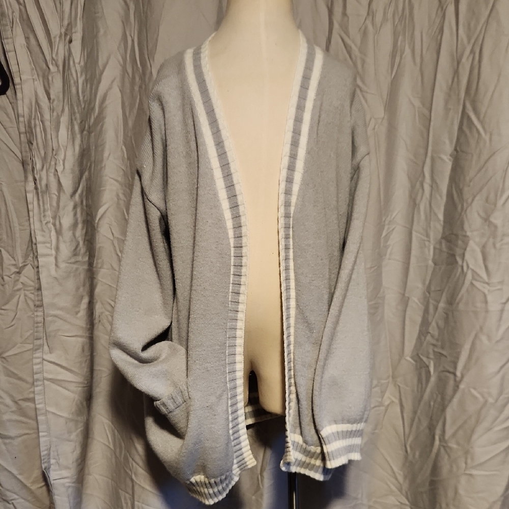 Gray Open Front Cardigan with White Trim